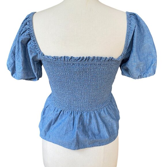 J Crew Chambray Puff Sleeve Smocked Shirt Sz M Square Neck Peplum Preppy Coast - Picture 6 of 12